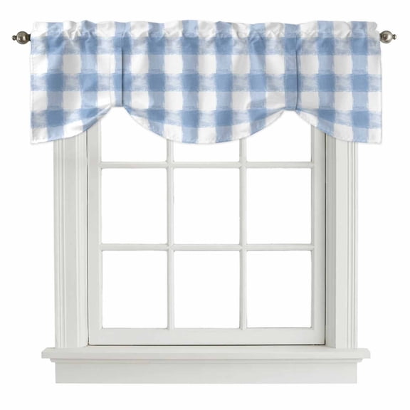 Tie Up Valance for Windows Buffalo Check Watercolor Blue Curtains Valances Rod Pocket Valance Window Treatments Plaid Farmhouse Balloon Curtains for Kitchen Living Room Bedroom Bathroom 54x18 Inch