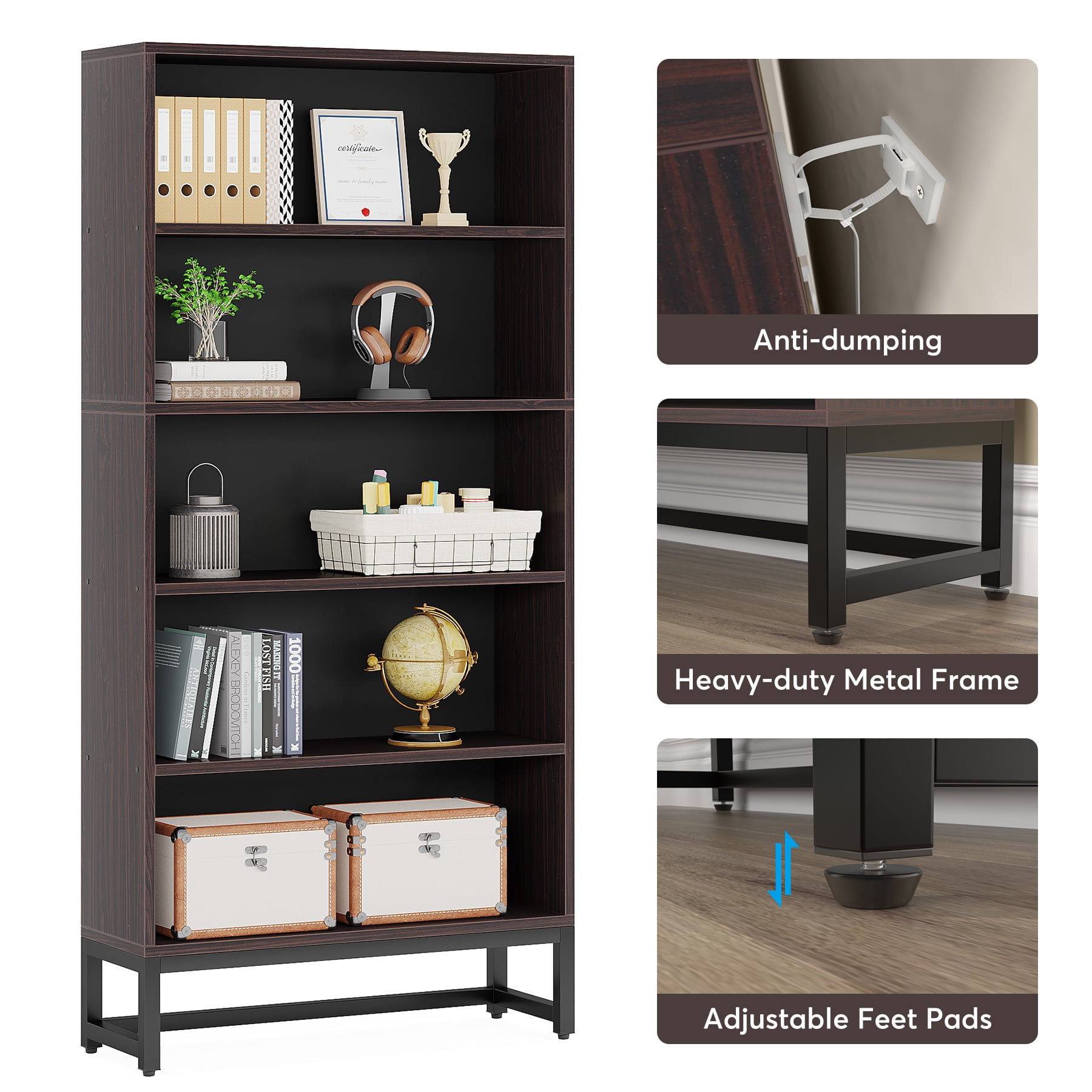 Tribesigns Heavy-Duty Tall Bookcase, 70.8-Inch 5-Tier Bookshelf with Storage Shelves for Living Room, Bedroom, Office - Sandalwood