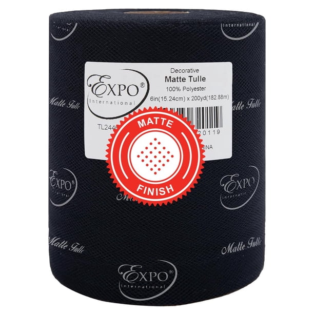 Expo International Rollo/carrete de tul mate decorativo de 6 x 200 yardas, tela ligera de tul de poliéster para disfraces de tutús y decoraciones de fiestas, lavable, fácil de usar, negro