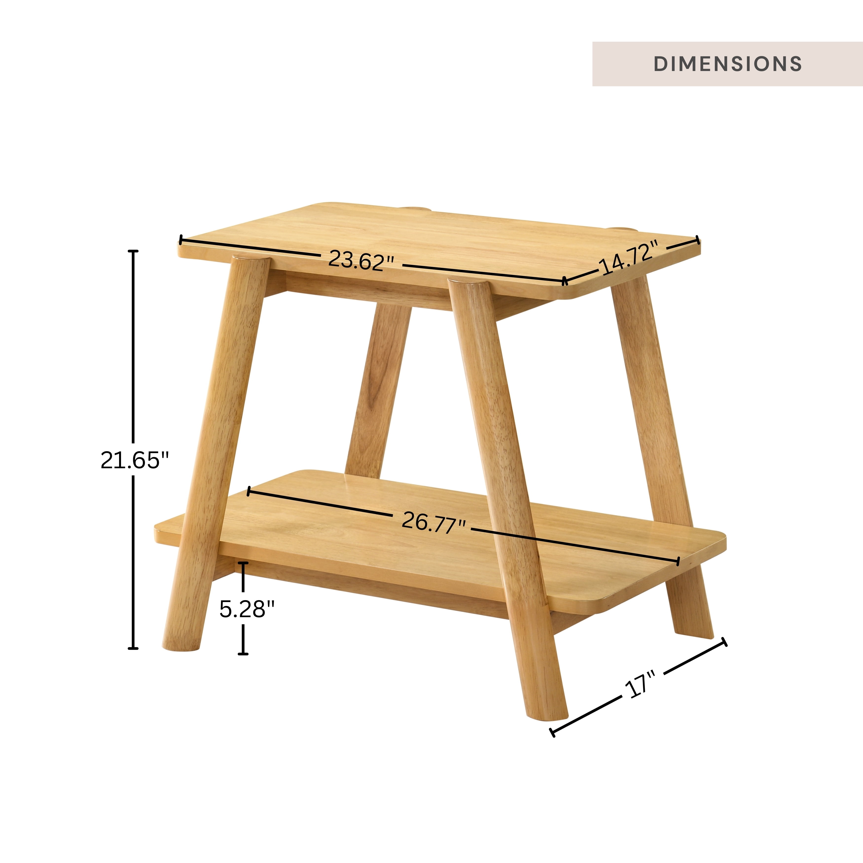 Mid‑Century Modern Natural Oak Finish Wood Shelf End Table, Sculptural Curved Side Table Nightstand with Under‑Table Storage Shelf