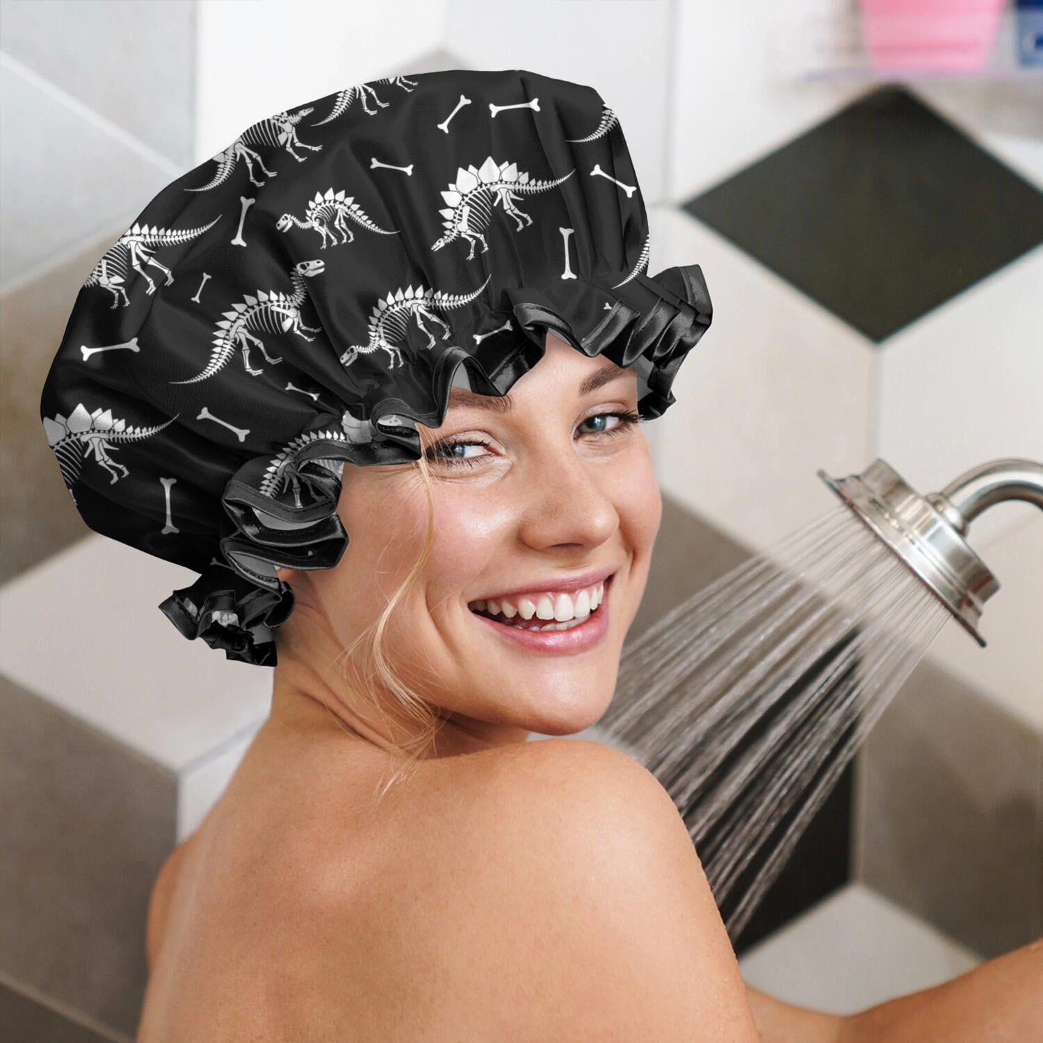 Shower Caps,Black Cartoon Dinosaurs Skeletons Bones Pattern Waterproof Shower Cap for Women 4 Pieces,Double Reusable Hair Cover for Shower PEVA Elastic Stretch Hem
