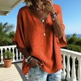 thumbnail image 6 of MORESEC Women's V Neck T-Shirt Cotton Linen Short Sleeve Flowy Casual Blouse Top Solid Basic Tee For Party Outfit And Daily Wear, Orange M, 6 of 7