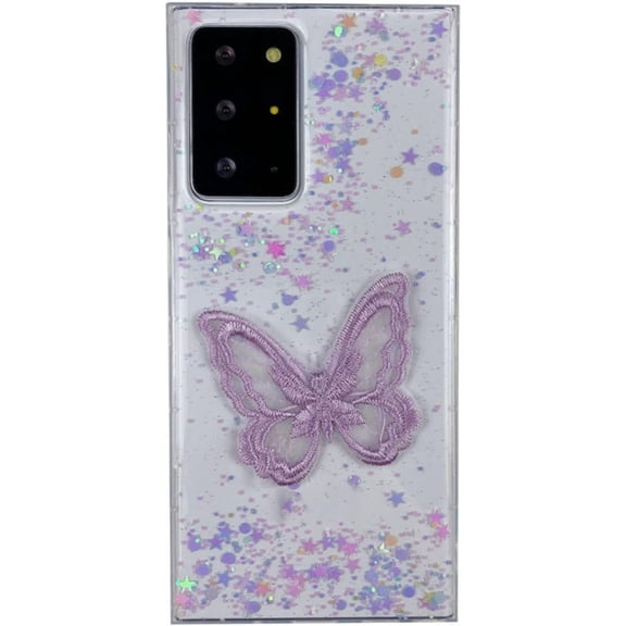 for Samsung Galaxy A21 A51 A71 A81 A91 Case, Soft TPU Phone Case, Shiny Clear Lace Butterfly Shell, Unique Popular Glitter Protector Cover for Women(Purple B,A21)