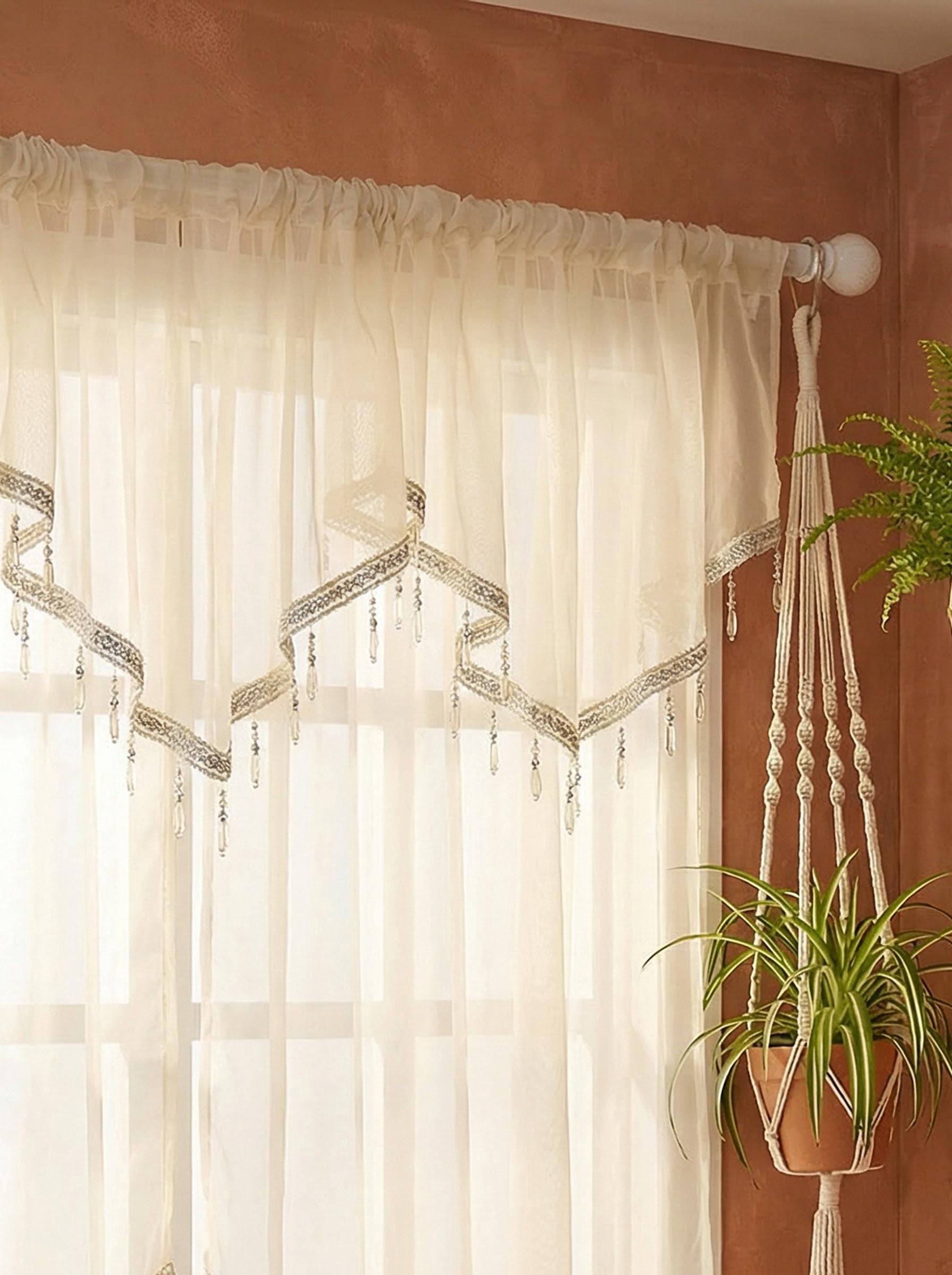 Swag Curtain Rod Pocket Scalloped Valance Sheer Lace Panel with Hanging Crystal Beads for Kitchen Bedroom Window Treatment Drape Decor 51x23 Inch White