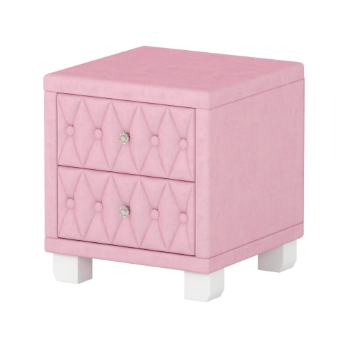 Elegant Velvet Nightstand with 2 Drawers and Crystal Knobs, Button-Tufted Storage Bedside Table, Pink