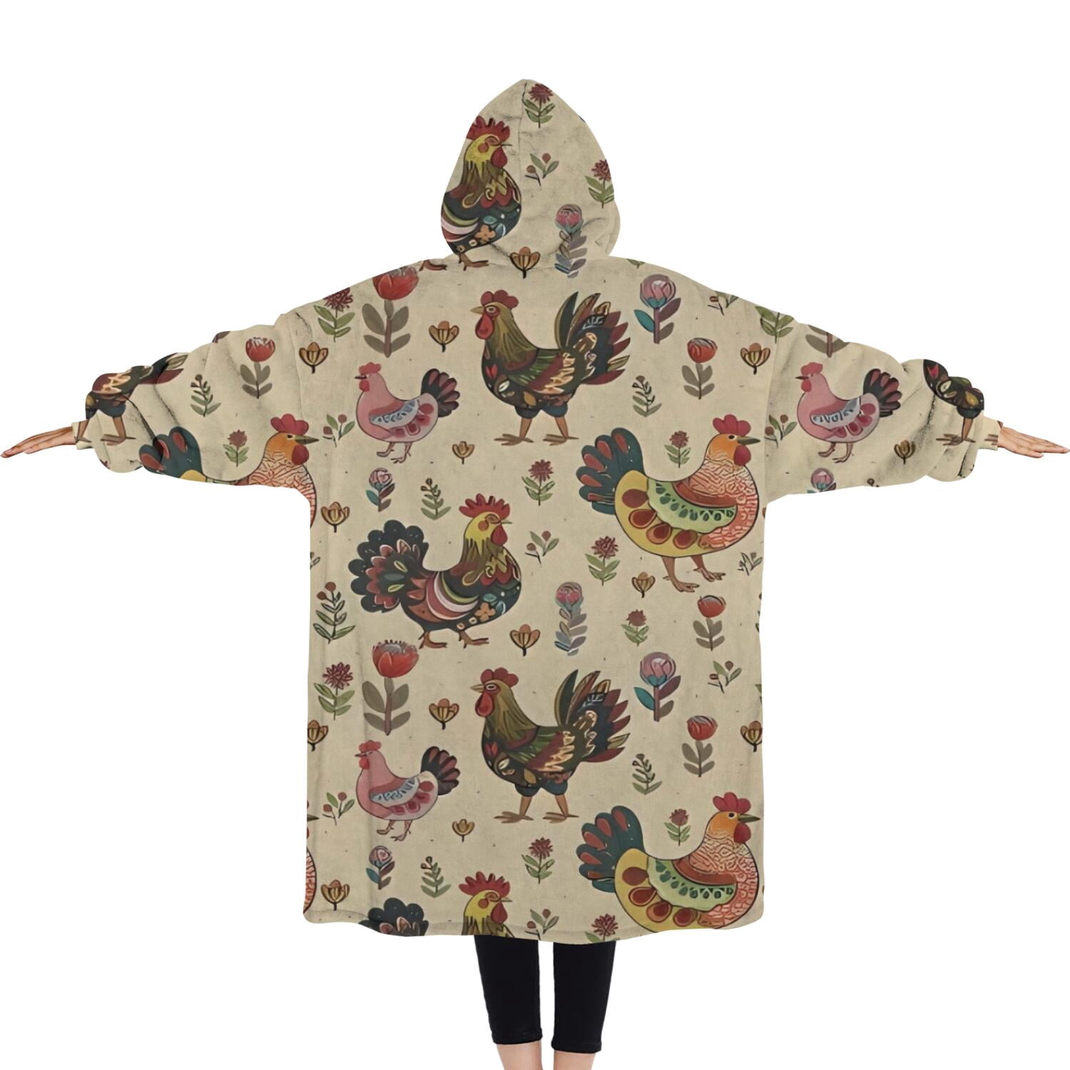 Oversized Wearable Blanket Hoodie,Beige Chicken Folk Pattern Sherpa Blanket Hoodie with Super Pockets,Super Warm Fuzzy Pullover for Women & Men