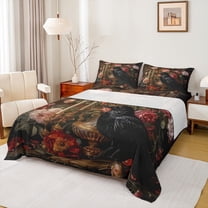 Manfei Black Gothic Crow Bed Sheets for Teens, Happy Halloween King Sheets, Hippie Bohemian Floral Sheet Set, Microfiber Bedroom Decor, 4 Pieces