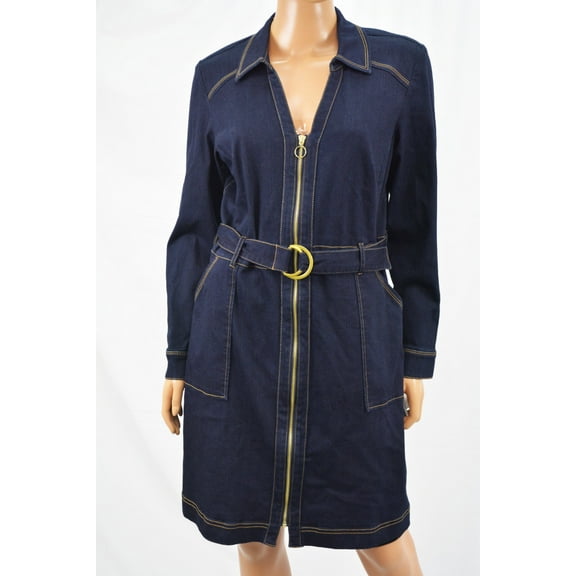 INC Concepts Women's Blue Belted Ink Wash Denim Shirt Dress 10