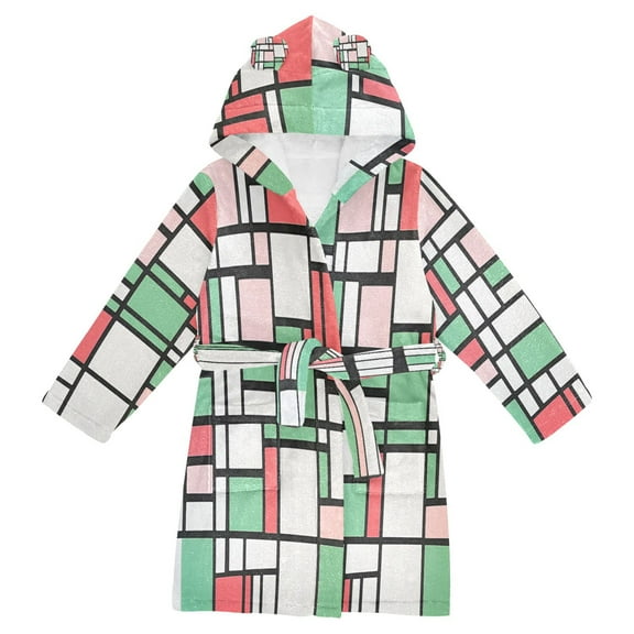 FORMRS Niños Bathrobe Unisex Hooded Robe Soft Plush Pajamas Sleepwear, Size 2-3T, Red Abstract Geometric