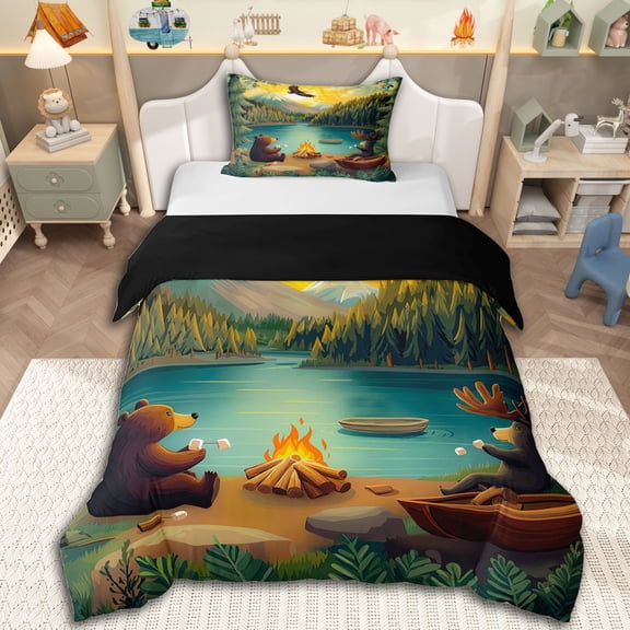 Manfei Kawaii Animal Bear Deer Twin Bedding for Boys Girls,Kids Teens Lake Life Happy Camping Duvet Cover Set,2pcs,No Comforter,Black Reversible,Microfiber Bedroom Decor