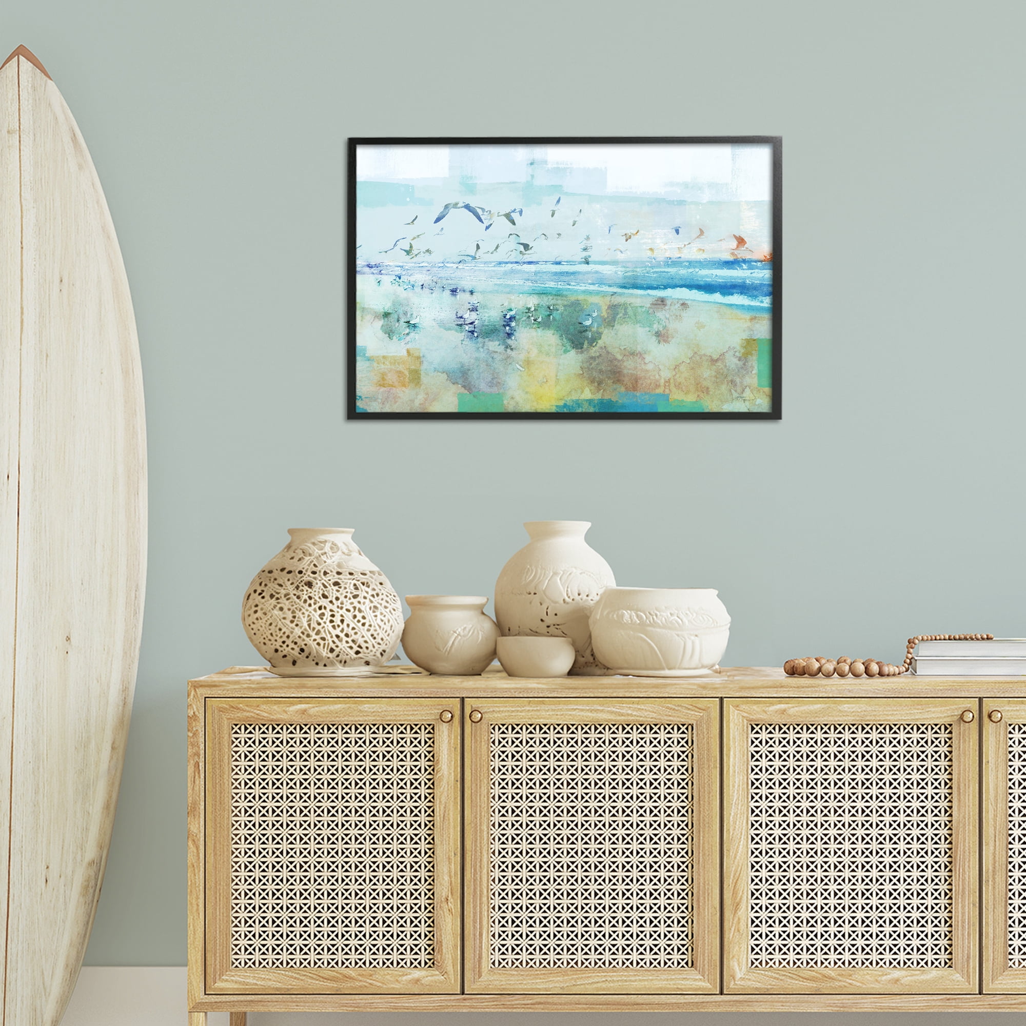 Stupell Industries Abstract Birds Over Beach Abstract Painting Black Framed Art Print Wall Art, 30 x 20