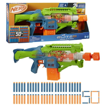 Nerf Elite 2.0 Double Punch Motorized Electronic Blaster, 50 Elite Darts, 2x 10-Dart Clips