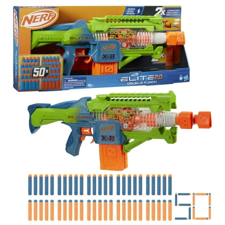 Nerf Elite 2.0 Double Punch Motorized Electronic Blaster, 50 Elite Darts, 2X 10-Dart Clips