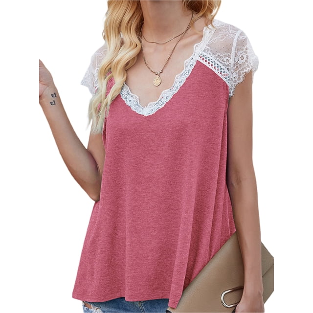 xiaxaixu Hauts en Dentelle Crochet pour Femmes, T-Shirts d'Été Basiques à Manches Courtes Col en V Coupe Ample