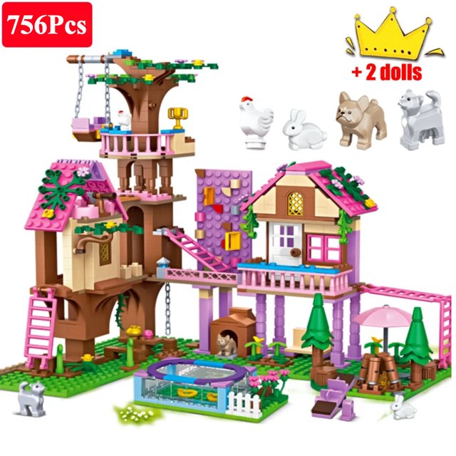 City Tree House Summer Villa Building Blocks Set, Garden Castle with Swimming Pool & Mini Figures, DIY Street View Model Toy, Birthday Holiday Gift for Kids