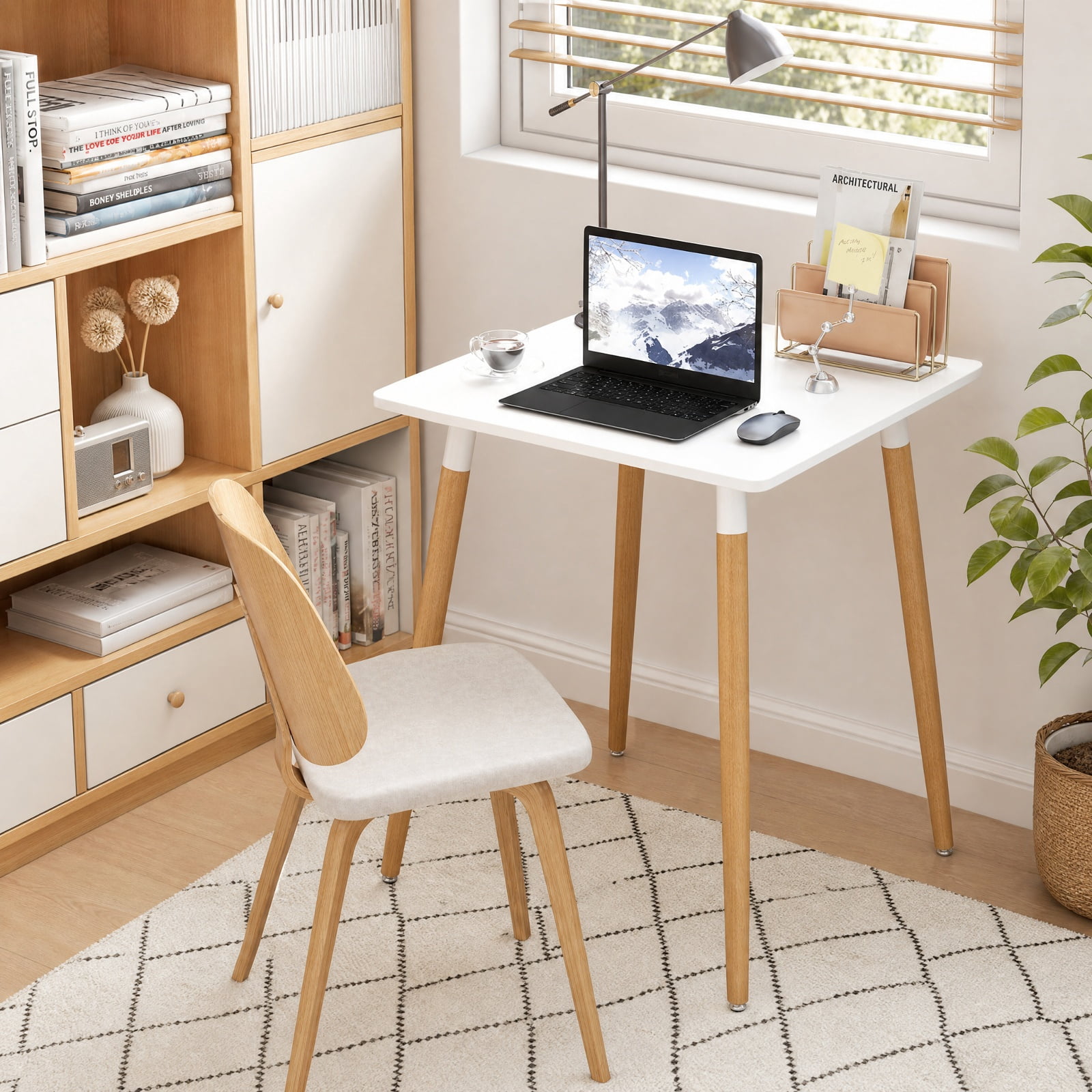 Furnibear Square Dining Table with Adjustable Foot Pads and X Shaped Structure for Small Dining Room and Kitchen Spaces, White