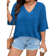 thumbnail image 3 of Camisetas con Cuello en V para Mujer, Blusas de Punto A Rayas de Media , Corte Holgado, Azul Real XXXL, 3 of 8