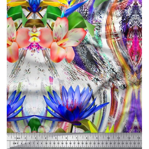 Soimoi Silk Fabric Leaves & Tropical Flower Print Fabric by The Yard 42 Inch Wide