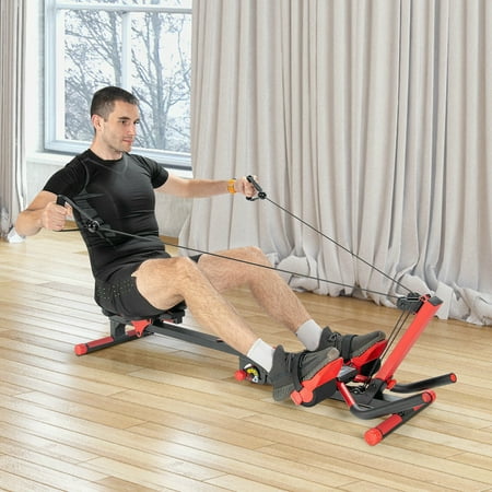 Costway - 4 in 1 Folding Rowing Machine AB Crunch Workout Machine with Control Panel Home Gym - Black/Red