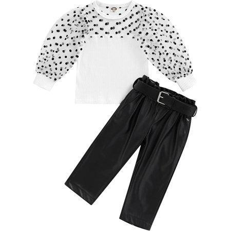 

PIKADINGNIS 2Pcs Toddler Baby Girl Fall Outfits Mesh Dots Puff Sleeve Patchwork T-Shirt + PU Leather Pants with Belt Clothes Set