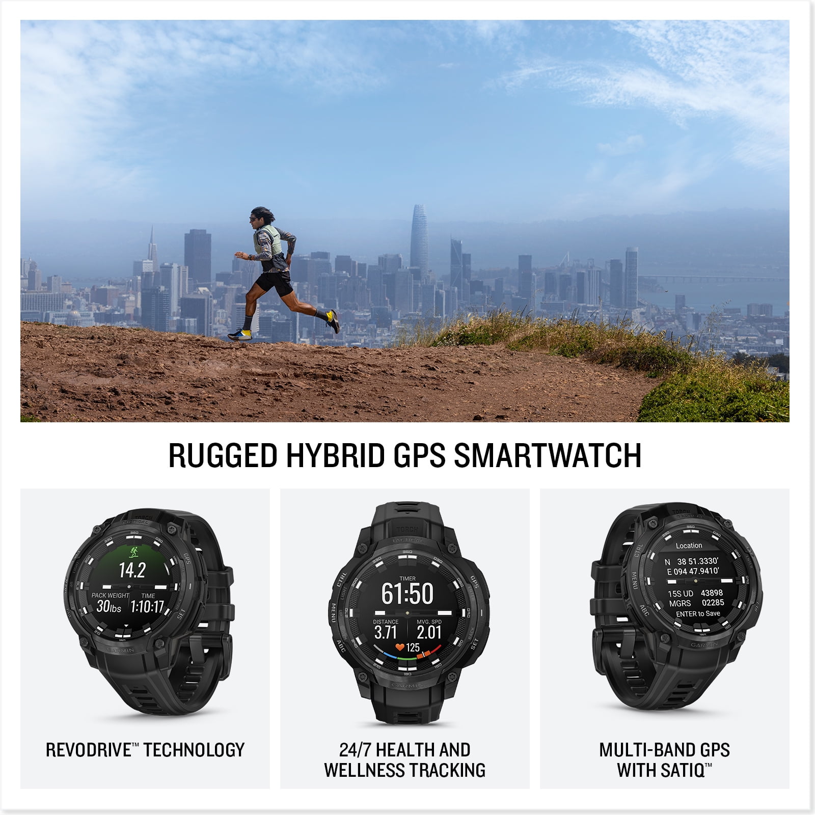 Garmin Instinct Crossover AMOLED - Tactical Edition, Rugged Hybrid GPS Tactical Smartwatch with Analog Watch Hands and Bright AMOLED Display, Black with Black Silicone Band