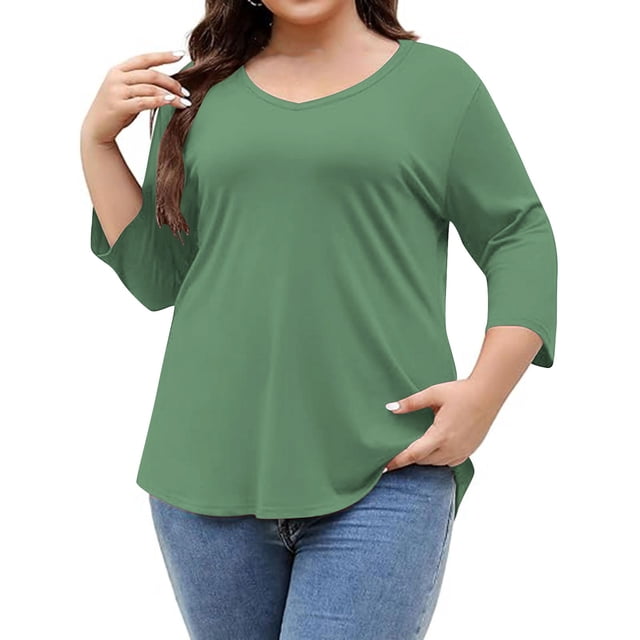 Chbgutlmr 3/4 Length Sleeve Womens Tops V Neck Plus Size Tops Solid Color Loose Comfy Basic Blouses