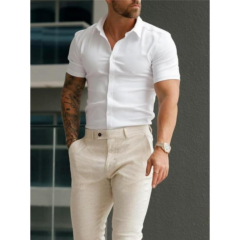 Seniver Mens Muscle Fit Dress Shirts Stretch Athletic Slim Fit Short Sleeve Casual Button Down Shirt Men s Size One size White