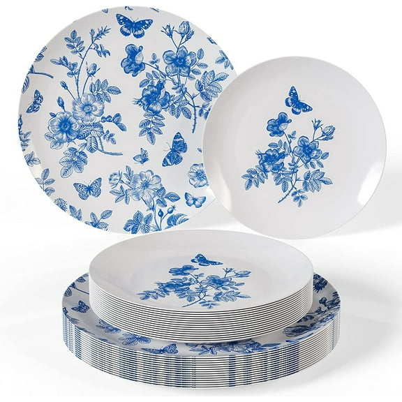 Botanical Design 10.25" White w/ Blue Floral Plastic Dinner Plates 10ct.