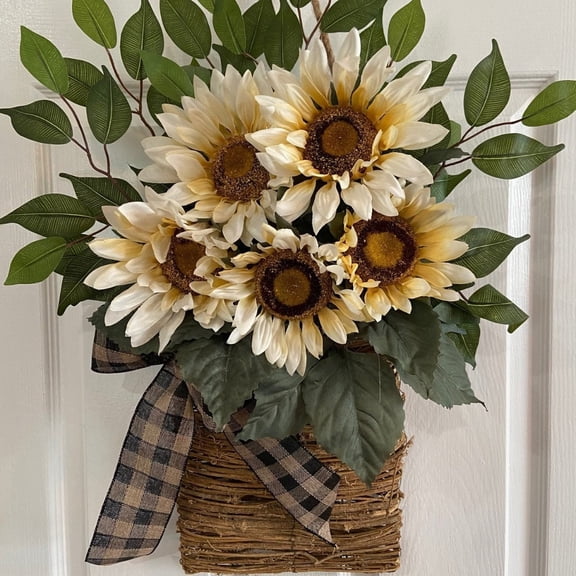 Wreath for front door,Fall Wreath Indoor Outdoor Wreath Sunflower Basket Wreath Artificial Sunflower Decoration For Front Door Wall Wedding Home Decor