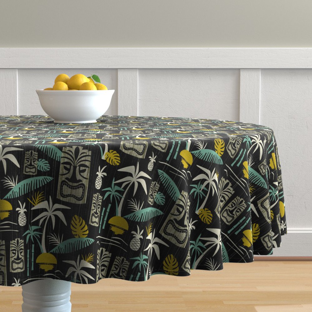 Round Tablecloth Tiki Tropical Hawaii Midcentury Modern Vintage Cotton