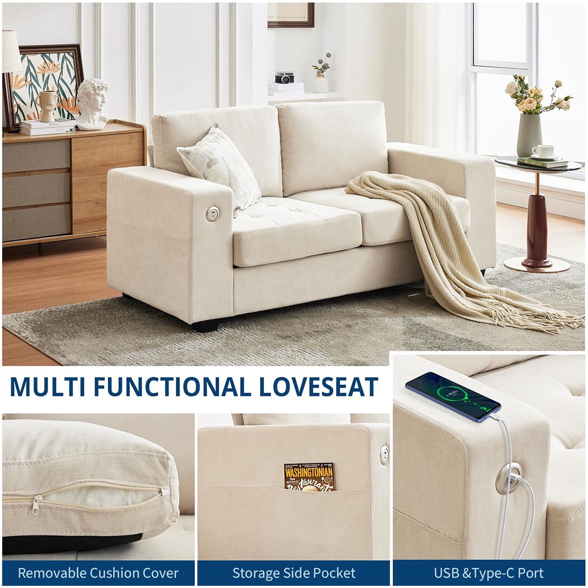 Danolapsi 70" Loveseat Sofa, Chenille Love Seat Couches With USB Charging Ports & Side Pockets, Button Tufted Upholstered Mid Century Modern Couch, Couches for Living Room, Bedroom, Apartment, Office