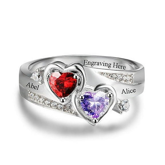 Personalized Planet Couples Sterling Silver Engraved Double Heart Birthstone and CZ Ring ,Women's
