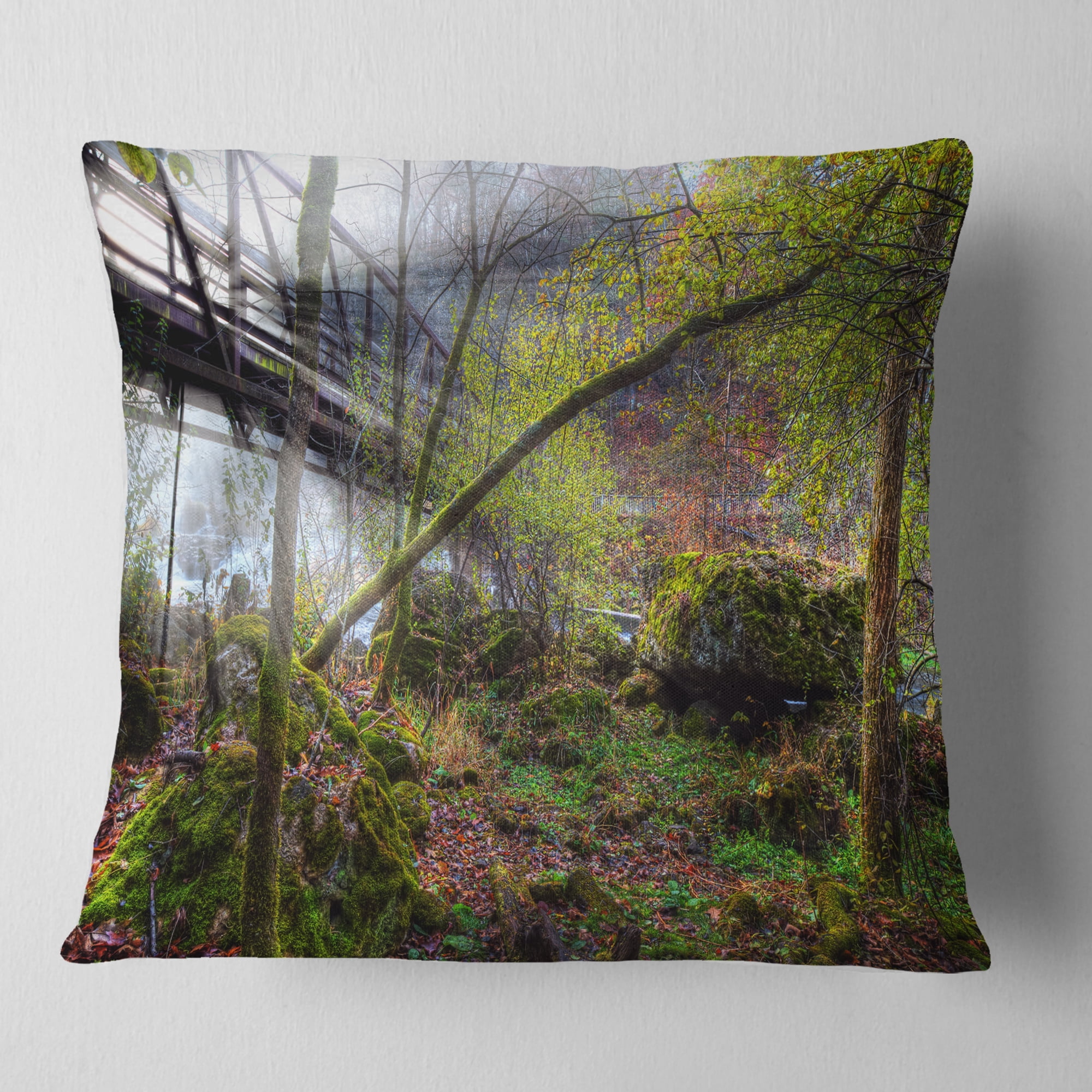 Designart Creek and Bridge with Sunbeams - Landscape Photography Throw Pillow - 16x16