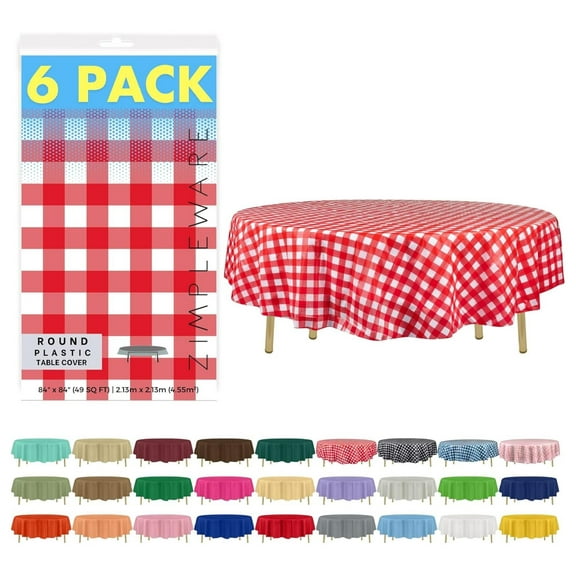 Premium Red Gingham Checkered Plastic Table Cloth Disposable (6 Pack) Round Tablecloth (84in) Party Table Cloths Disposable, Perfect Table Cloth Round Cover for Any Table Up to 6 Feet