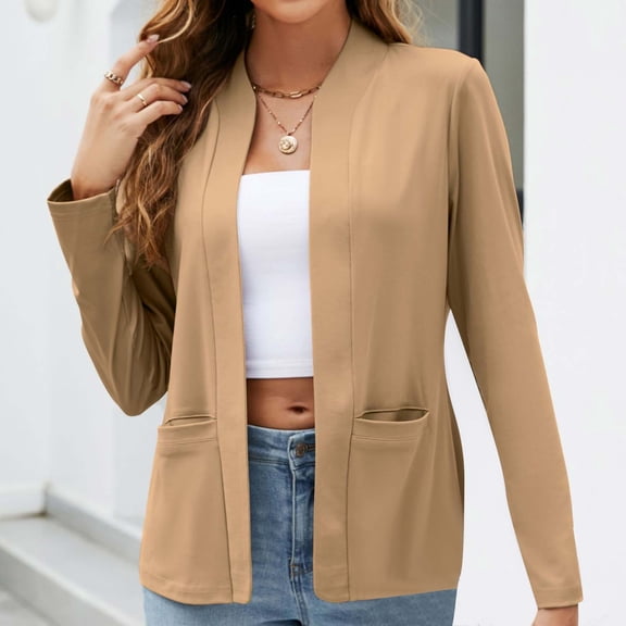 Ynynloco Womens Casual Long Sleeve Blazers Solid Color Lightweight Knit Blazer Work Office Open Front Blazer Jacket with Pockets for Everyday Wear