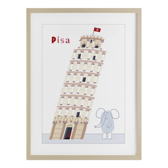 Elephant & Leaning Tower Pisa Birch Framed Print Under Glass, design by Carla Daly