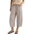 thumbnail image 2 of Women's Capri Pants Linen Summer Beach Casual Drawstring Wide Leg Lounge Palazzo Pant High Waist Trouser with Pockets Beige M, 2 of 7