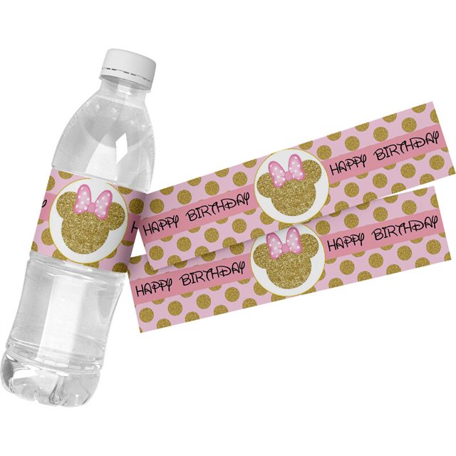 Disney-etiquetas personalizadas de Minnie Mouse para botella de agua, pegatinas de caja de regalo, bolsa de dulces, envolturas, decoración de fiesta de Baby Shower, 6 unidades