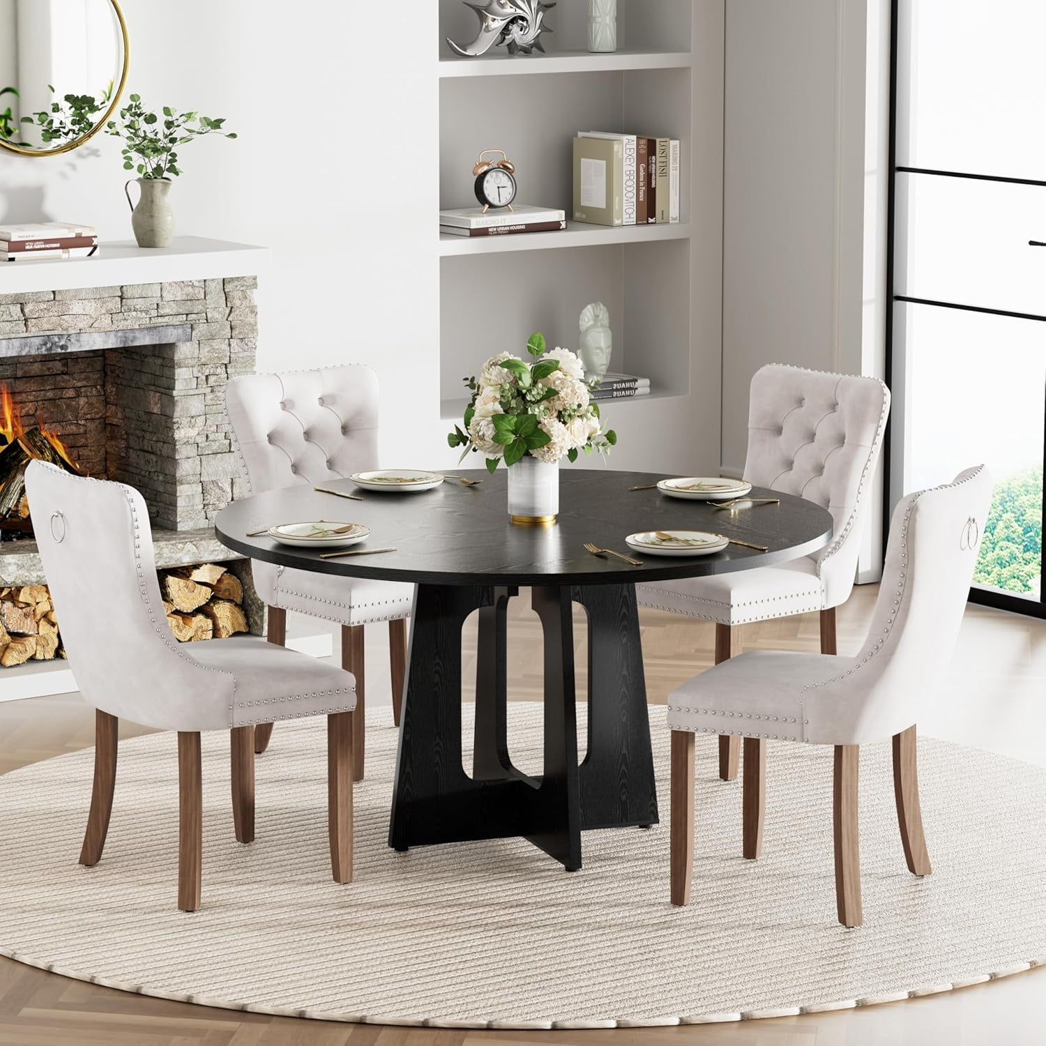 Round Farmhouse Dining Table Set for 4, 47" Circle Black Wooden Kitchen Table with 4 Beige Velvet Upholstered Dining Chairs, Wooden Kitchen and Dining Room Table Set for Dining Room
