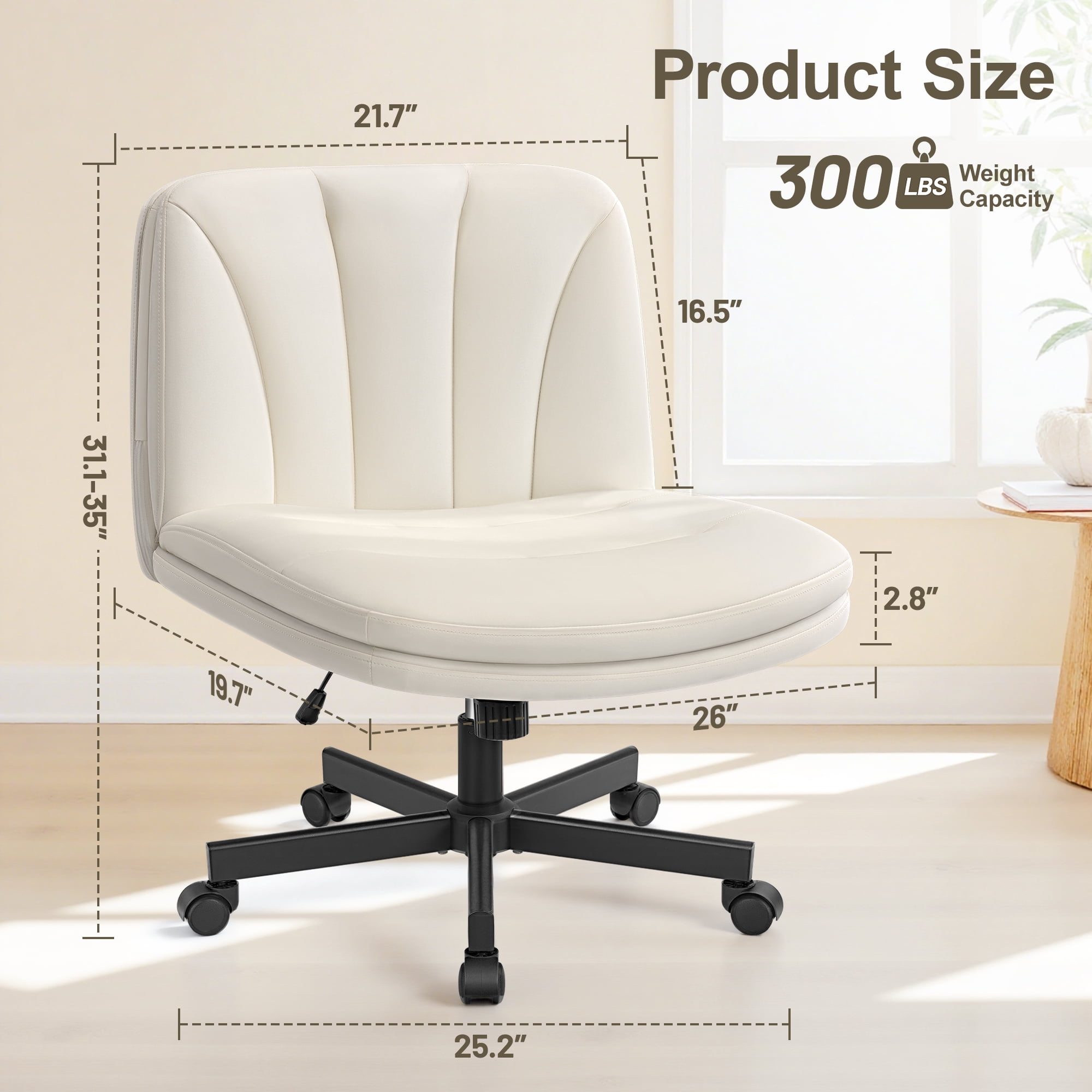COOLHUT Cross Legged Office Chair with Wheels Armless-Office Desk Chair, Modern Vanity Computer Task Chairs for Home Bedroom, Comfortable Wide Seat for Lower Back Pain Relief, PU Leather, Beige