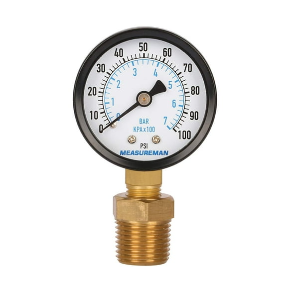 Measureman 2" Well Pump Pressure Gauge, si/bar, 1/4"NPT Male with 1/2"NPT Adaptor, Accuracy 2" psi Lower Mount