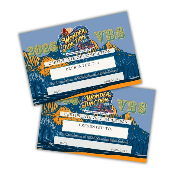 2025 VBS Wonder Junction Certificate of Completion Award 50pk 6x9 Postcard Vacation Bible School Marvel at Jesus Live for His Glory