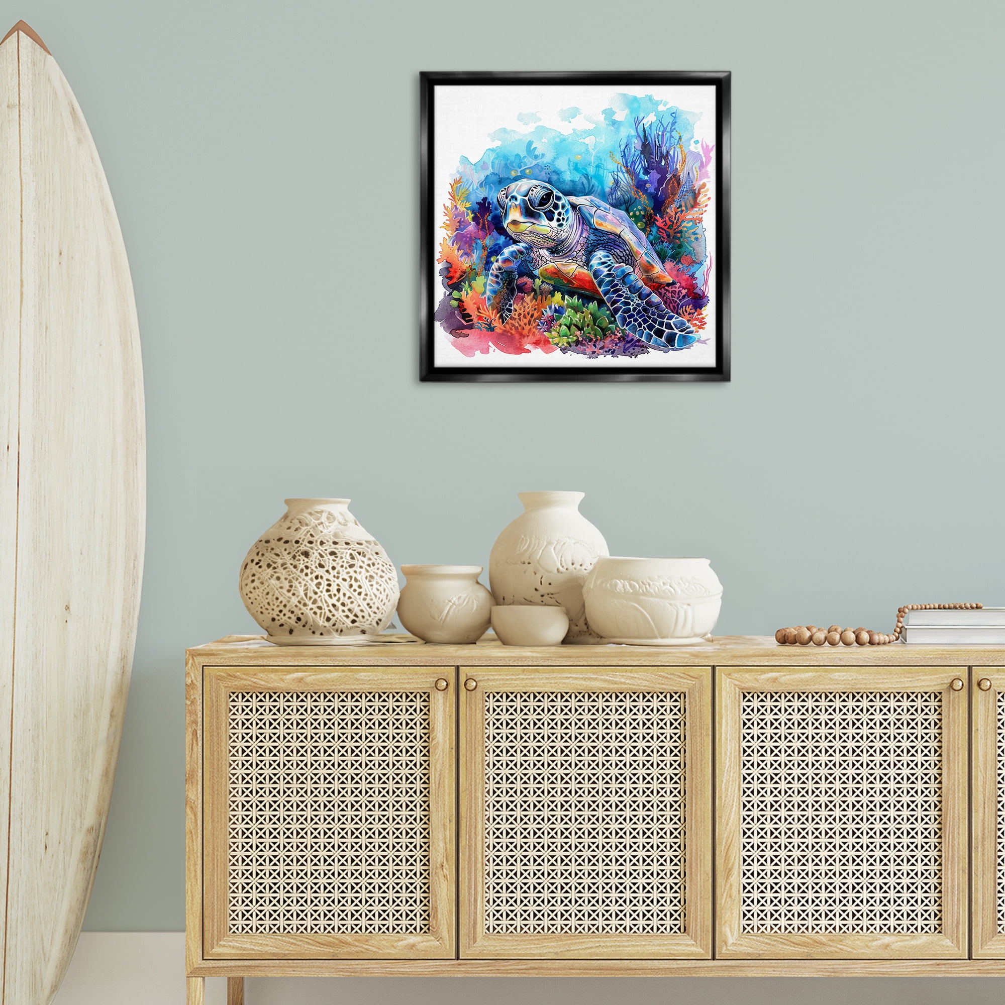 Stupell Industries Undersea Turtle & Coral Animals Painting Black Floater Framed Canvas Art Print Wall Art, 25 x 25