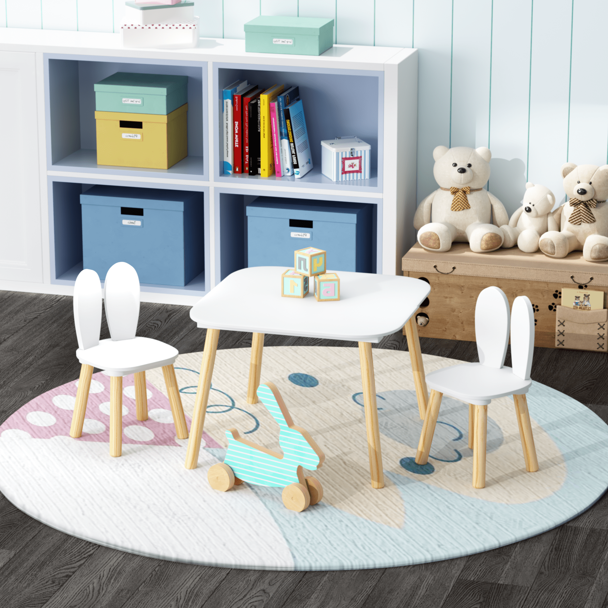Kids Table and 2 Chairs Set, Wood Children Activity Table, 2 Animals Chairs for Reading, Drawing, Eating