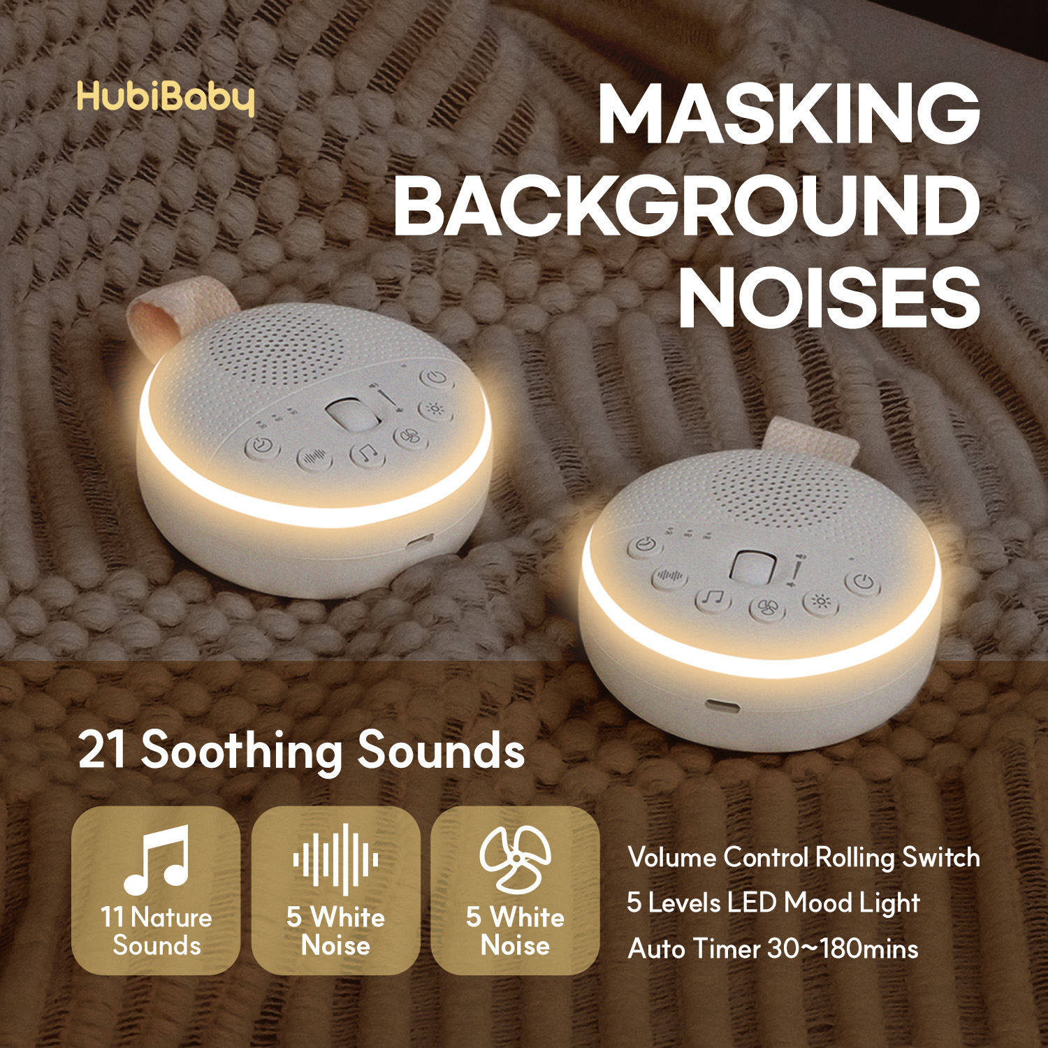 HuBDIC White Noise Machine, Portable Sound Machine with 21 Soothing Sleep Sounds, Long-Lasting Battery, Gentle LED Mood Light, Travel-Friendly Sleep Aid for Newborns, Children