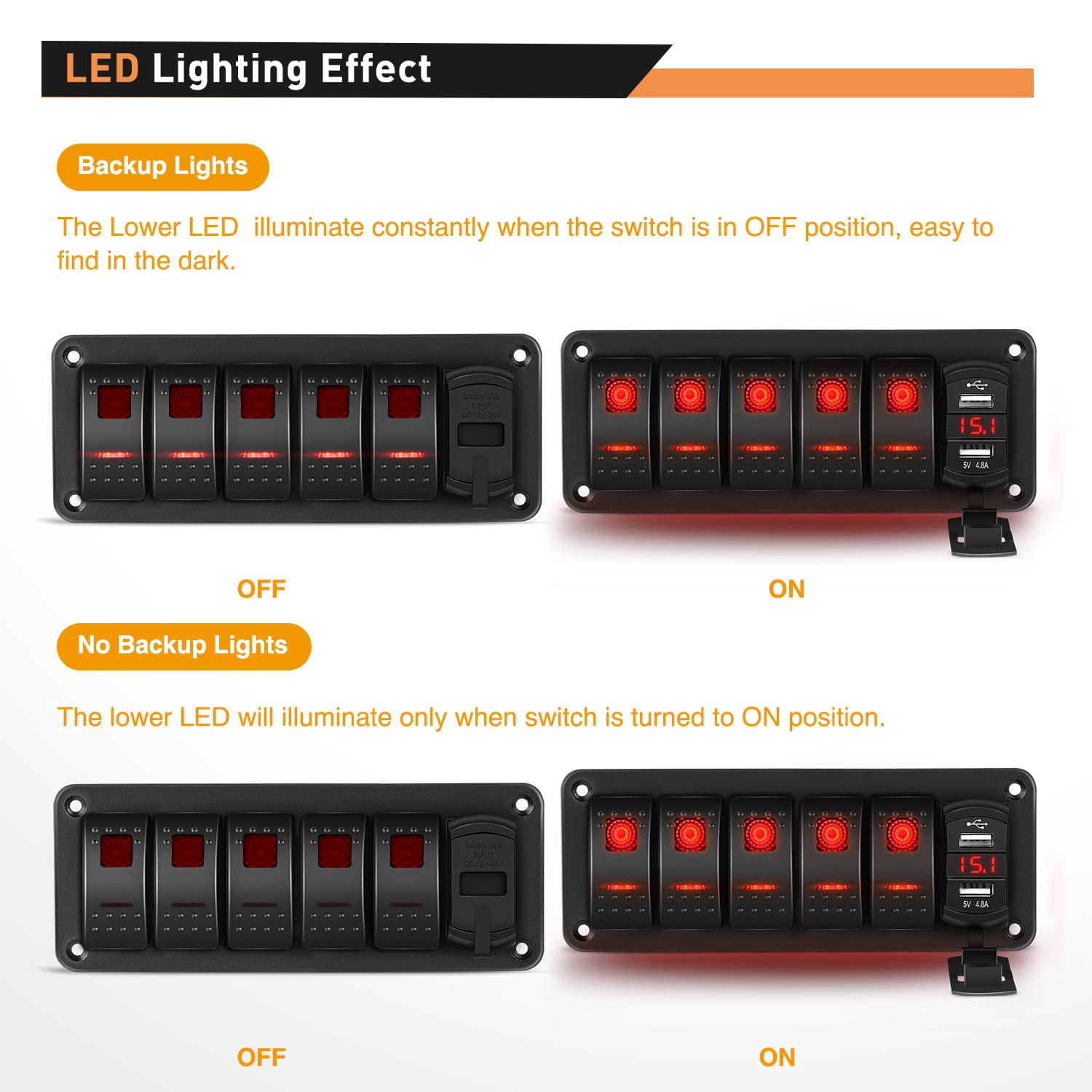 Waywe 5 Gang Rocker Switch Panel Red Backlit with 4.8 Amp Dual USB Charger Voltmeter Waterproof 12V 24V DC Rocker Switch for Car Trucks Boats RVs