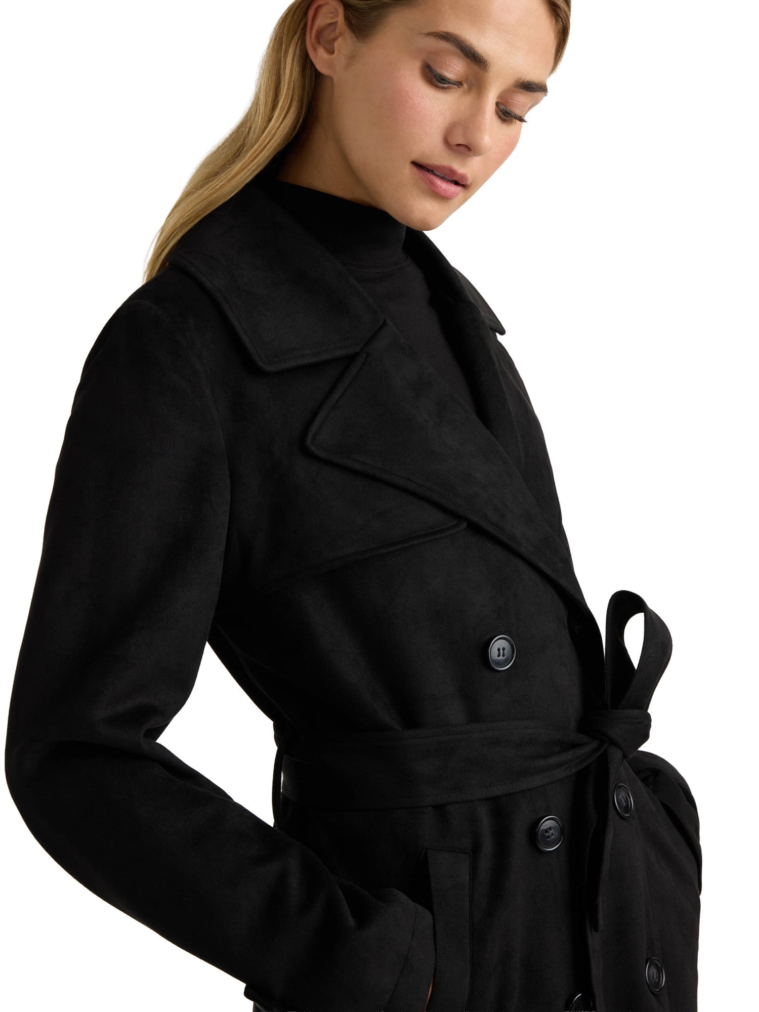 NOVELTI Womens Faux Suede Longline Belted Trench Coat with Side Pockets