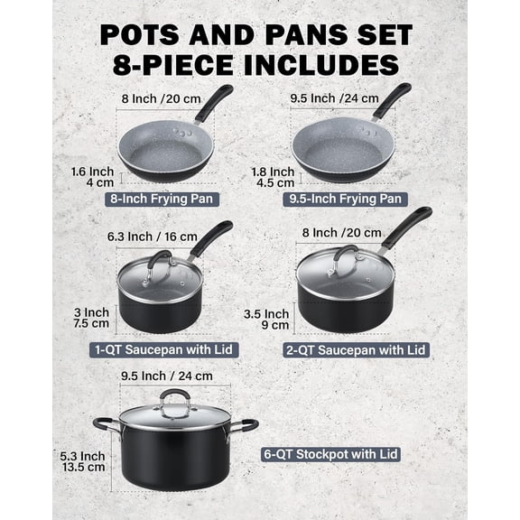 8-Piece Marble Nonstick Pots and Pans Set with Heavy Gauge Aluminum for All Stoves
