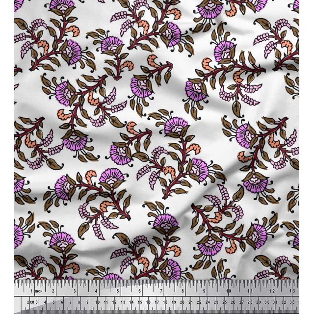 Soimoi Polyester Crepe Fabric Leaves & Floral Block Print Fabric by Yard 52 Inch Wide