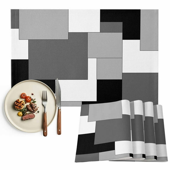 Black White Grey Colored Blocks Placemats Set of 4, Abstract Table Mats Washable Heat-Resistant Non-Slip Place Mats for Kitchen Dinner Table Indoor Outdoor Decor,13x19 Inch